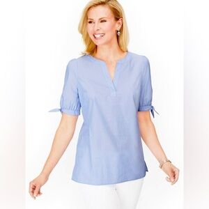 Talbots 100% Cotton Poplin Tie Short Sleeve Top End-On-End size XL